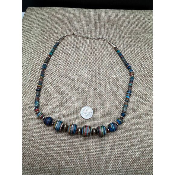 Sterling Silver Santo Domingo Pueblo Mosaic Heishi Necklace – Multicolor Artisan - Picture 4 of 11